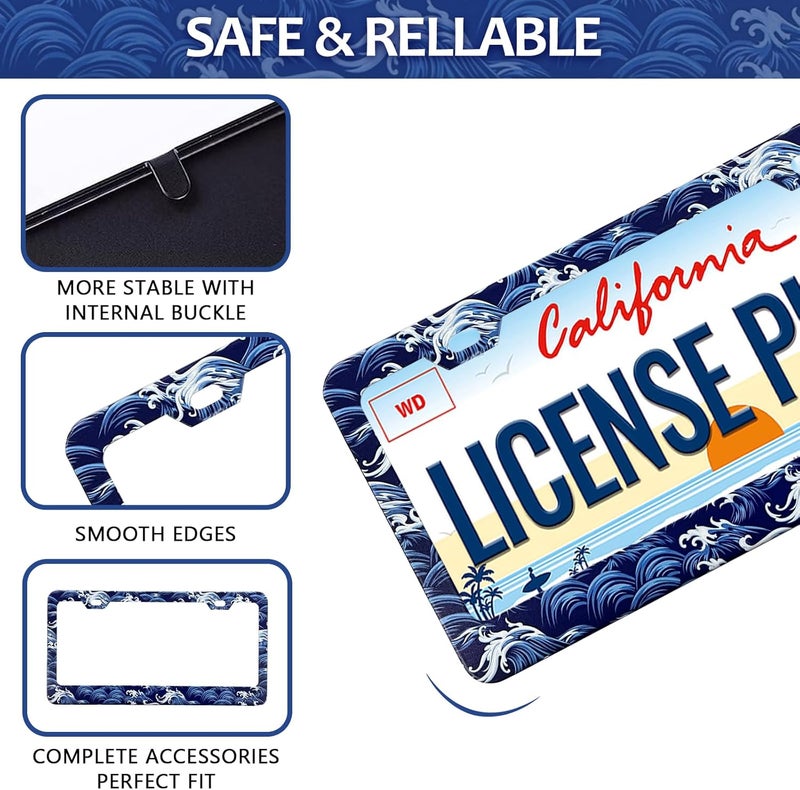 LIN KANG Ocean Waves License Plate Frame - 2 Pack Blue and White Sea Wave Aluminum License Plate Holder Covers, Car Decorative Tag Frames for Standard US Canada 12x6 Inch with Screw Caps - Image 4